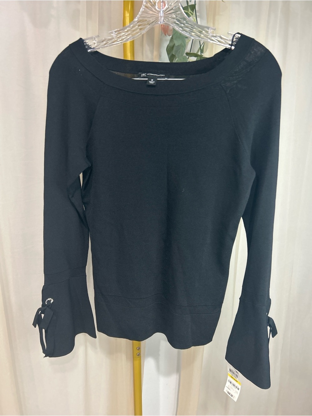 NWT INC International Concepts Black Bell Sleeve Top Medium Bow Cuffs